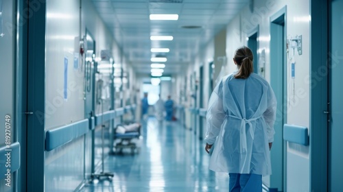 Healthcare worker walking down a hospital corridor, wearing a white lab coat. The hallway is brightly lit with medical equipment visible.