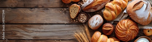 Various fresh breads and pastries arranged on a rustic wooden table, highlighting a vibrant assortment of baked goods for any bakery or home setting. © BussarinK