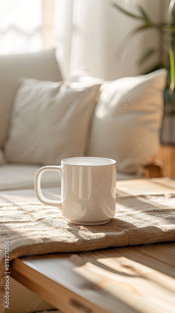 Cozy home scene with a white mug on wooden tray in sunlight Cozy home scene with a white mug on wooden tray in sunlight
