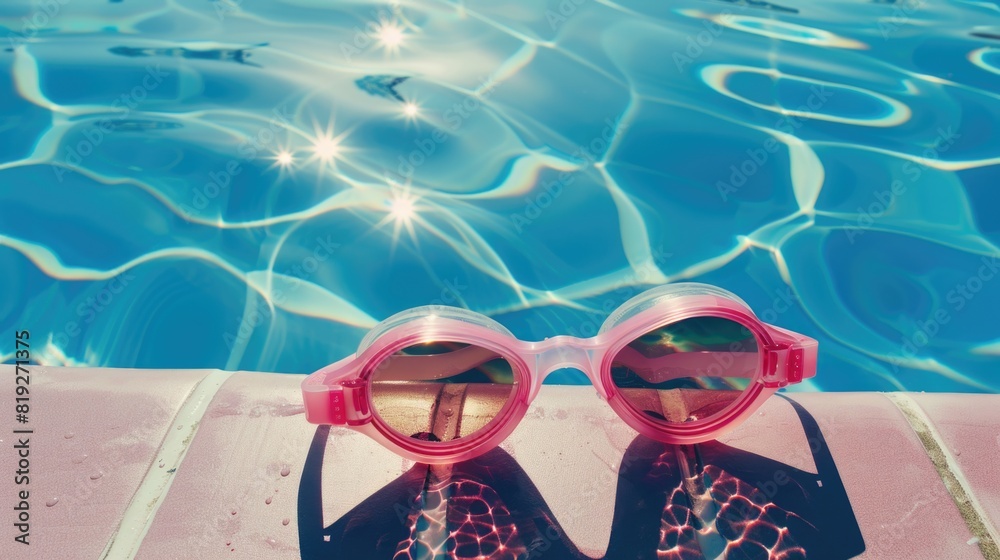 Naklejka premium Pink goggles and large swimming pool with copy space