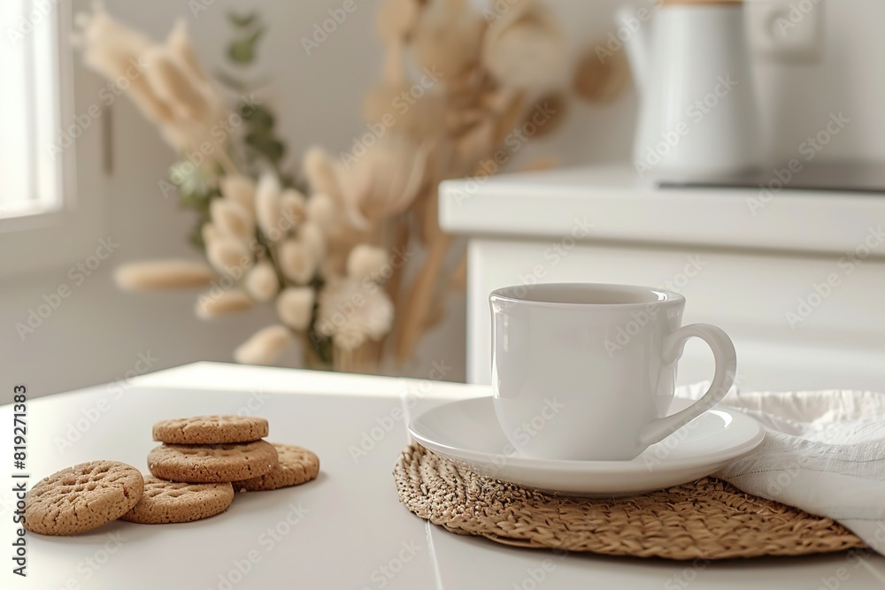 Fototapeta premium Cozy coffee corner with cup and cookies, warm light, home vibes