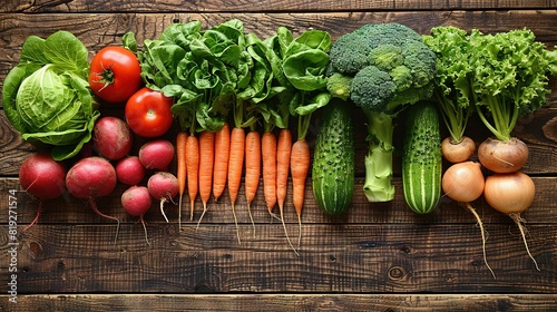  A variety of vegetables are laid out on a wooden surface, including carrots, broccoli, radishes, and peas
