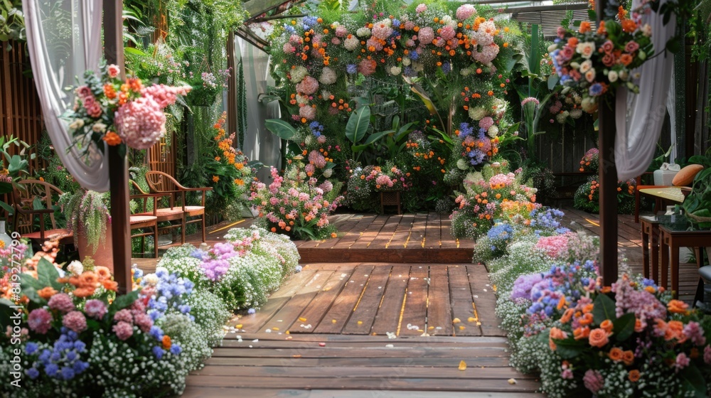 Place for a wedding ceremony in a beautiful garden decorated with flowers