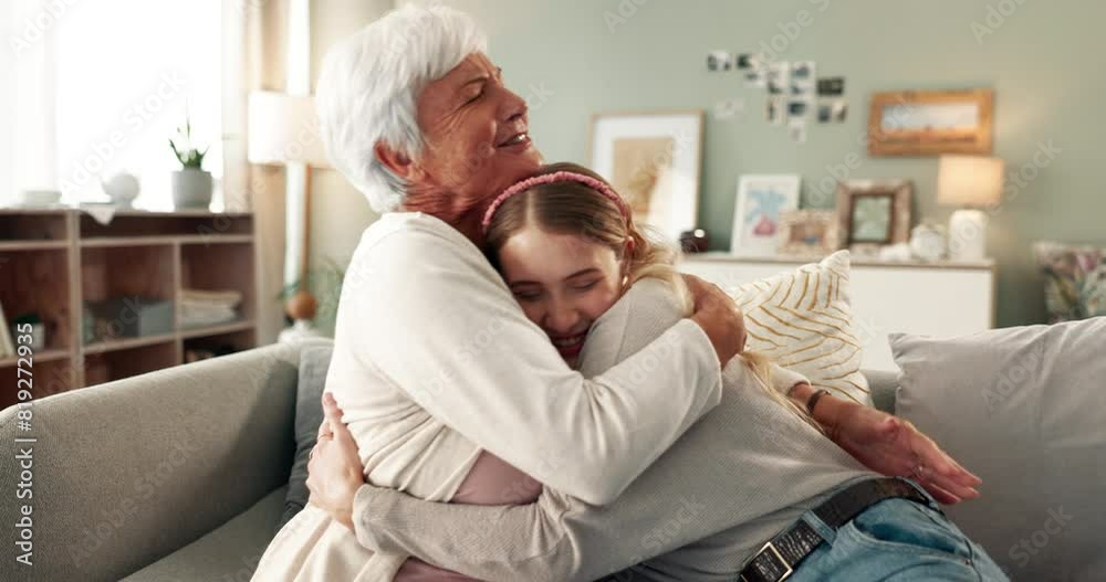 Happy grandma, daughter and sofa with hug for love, embrace or care in surprise or support at home. Grandmother and young woman with smile for bonding, holiday or weekend together in living room Happy grandma, daughter and sofa with hug for love, embrace or care in surprise or support at home. Grandmother and young woman with smile for bonding, holiday or weekend together in living room