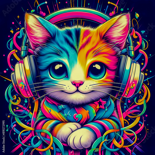 Vibrant colorful illustration of a cat wearing headphones listening to music