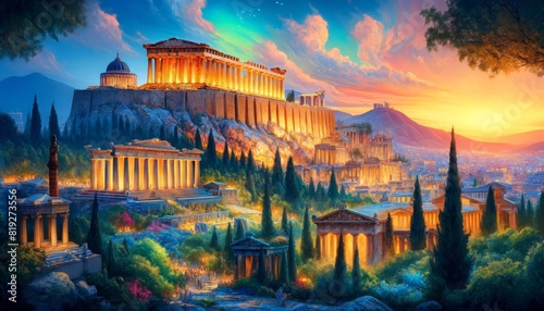 A painting showcases the splendor of Athens landmarks with timeless beauty photo