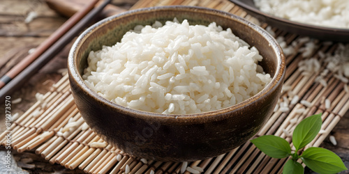 Perfectly Cooked White Rice in a Ceramic Bowl on Marble Background © slonme