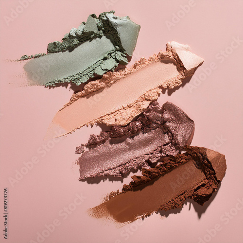 Creative fashion concept image of cosmetics swatches smears makeup beauty products lipstick eyeshadows lopgloss.