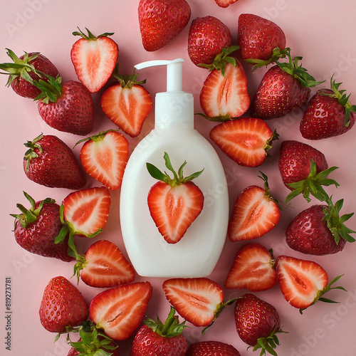Creative fashion concept image of cosmetics makeup beauty products lotion cream bottle with fruits and leaves with swatches smears strawberries.