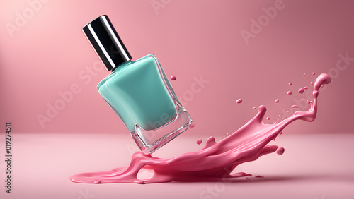 a bottle of nail polish with pink liquid splashing for beauty makeup concept photo