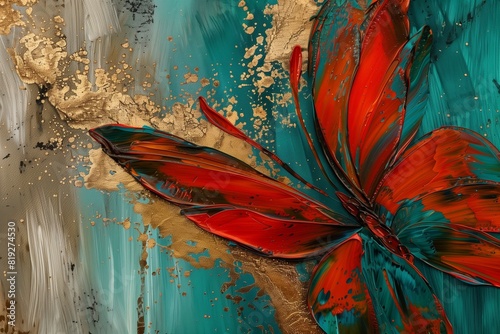   A striking abstract painting featuring bold  freehand brushstrokes of fiery red and cool teal  intertwined with shimmering golden grains. 