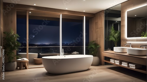 Modern bathroom with night lighting that includes a washstand  shower  bathtub  and mirror