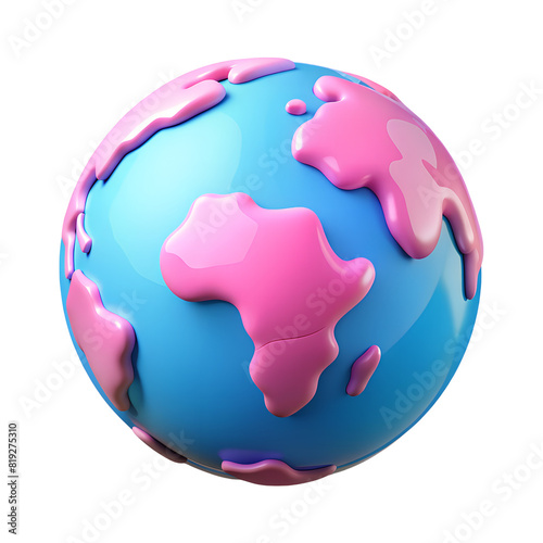 A 3D icon of a globe in pink and blue, representing the Earth and global travel, with a focus on geography and international concepts.