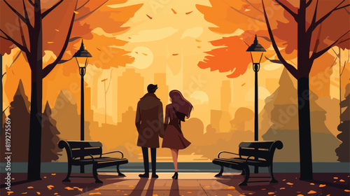 Vector couple walking holding hands at autumn in ou