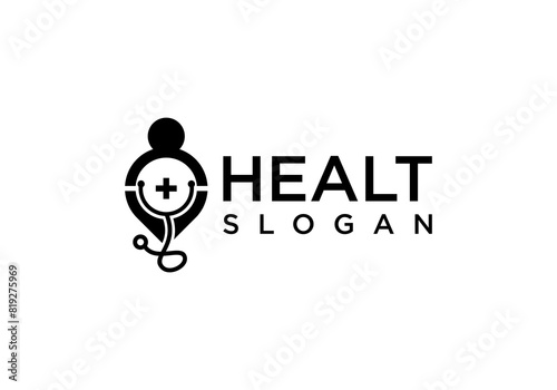 health and health and medical services logo design with stethoscope symbol, location symbol, and person symbolmedical services l...