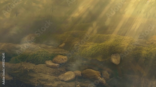  A cluster of mushrooms perched atop a lichen-covered mossy rock, surrounded by lush green foliage