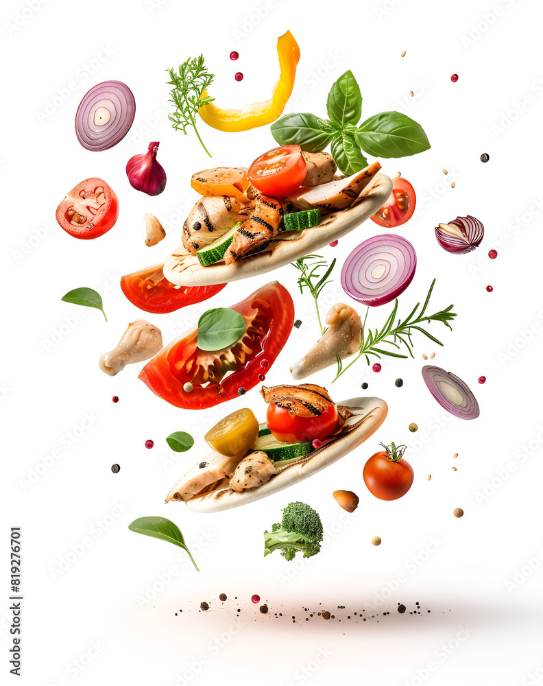 pita bread with flying vegetables and chicken on a white background pita bread with flying vegetables and chicken on a white background