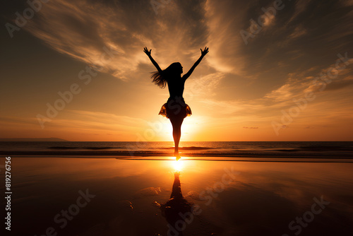 Silhouette of a woman jumping on the beach against the sky at sunset