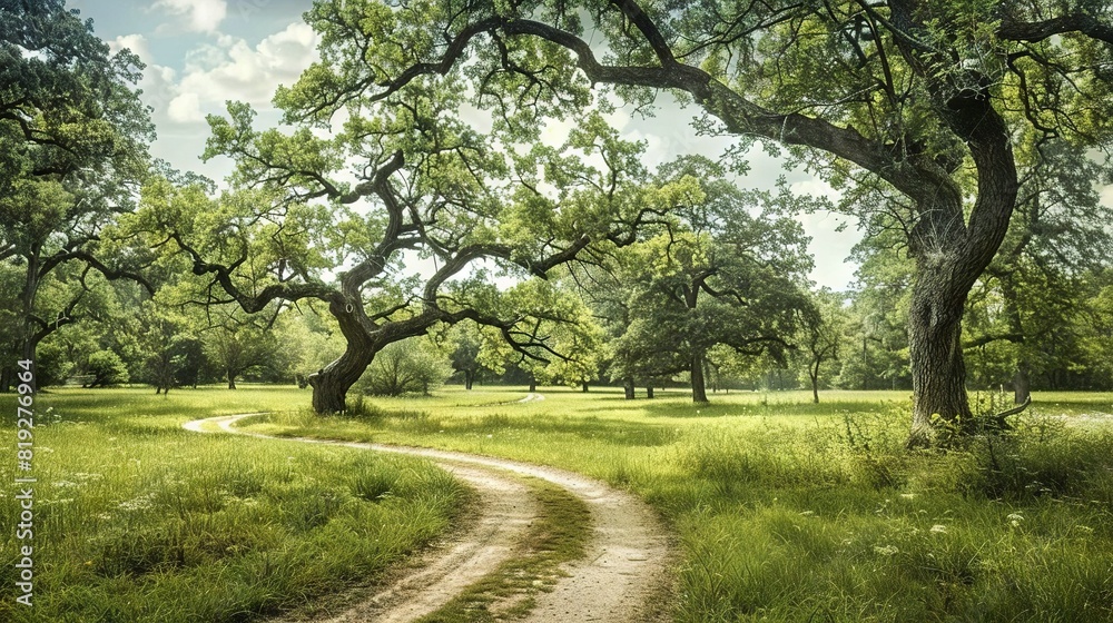 A grassy field with trees on either side, featuring a central dirt road A grassy field with trees on either side, featuring a central dirt road