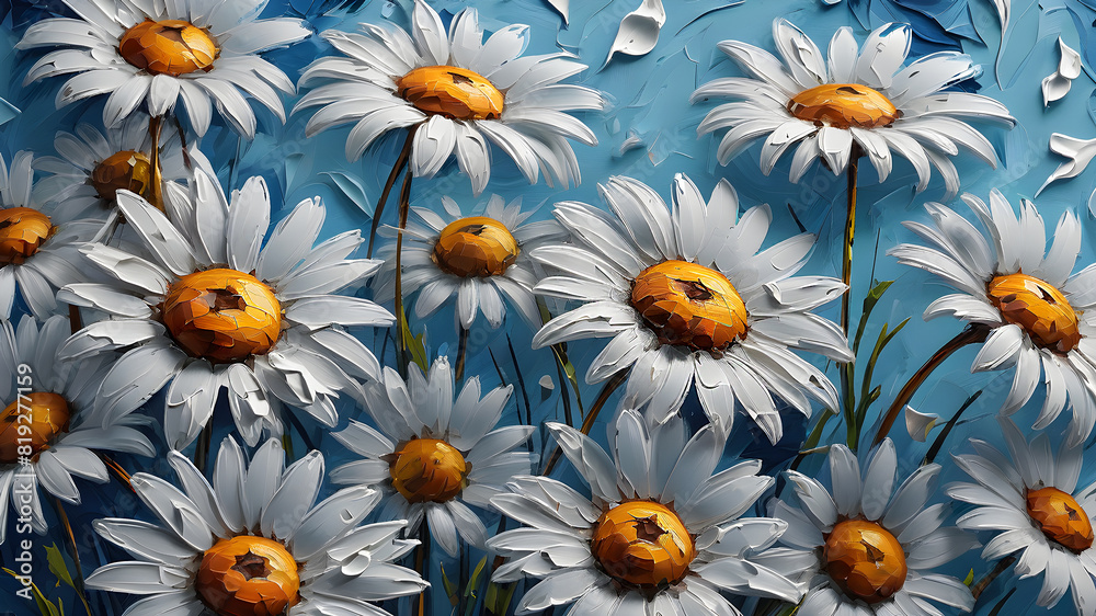 delicate daisies painted in oil on a blue background. floral background delicate daisies painted in oil on a blue background. floral background