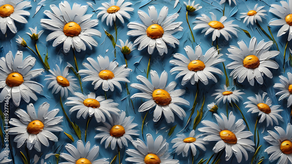 delicate daisies painted in oil on a blue background. floral background delicate daisies painted in oil on a blue background. floral background