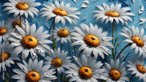 delicate daisies painted in oil on a blue background. floral background 