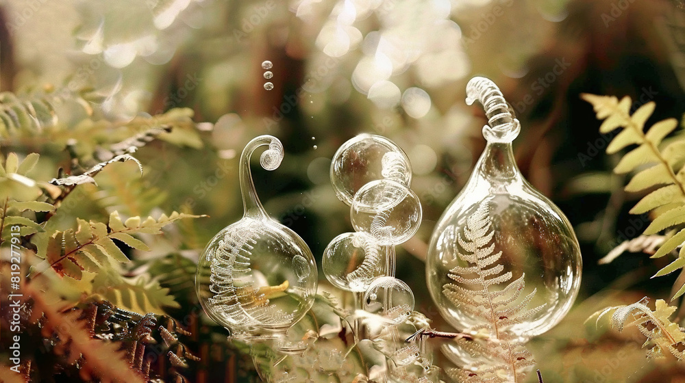   A pair of glass vases rest atop a verdant forest brimming with lush foliage