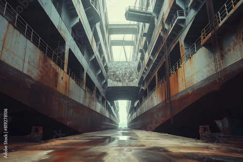 industrial site, empty ship dock abandoned and rusted, epic, low angle, symmetrical compostion, photorealistic // ai-generated  photo