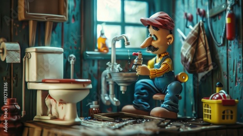 Plasticine character. Plumber unclogging toilet photo