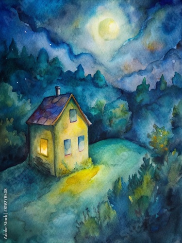 Summer Night: Yellow and Black Illustration of a House in the Impressionist Style
