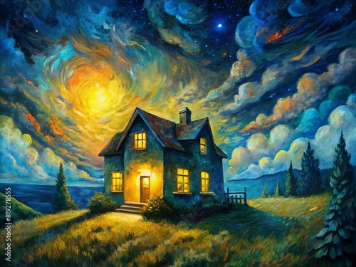The Mysterious House on a Midsummer Night: a play of yellow and black in the style of impressionism
