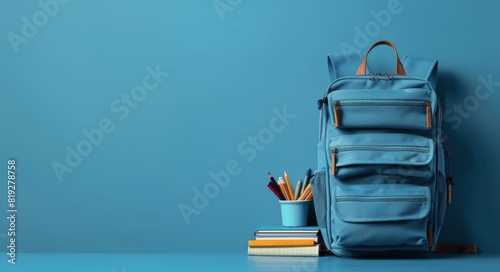 Blue Backpack With Books and Pencils on Blue Background photo