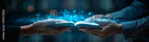 A holographic book floating between a mentor and mentee, symbolizing knowledge and learning, bright and minimal, with text space included.