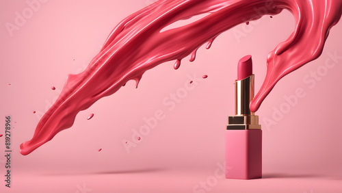 a lipstick with a pink liquid pouring out of it for beauty makeup concept