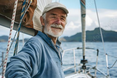 A happy senior man enjoying the peaceful atmosphere on the deck of a sailing boat.