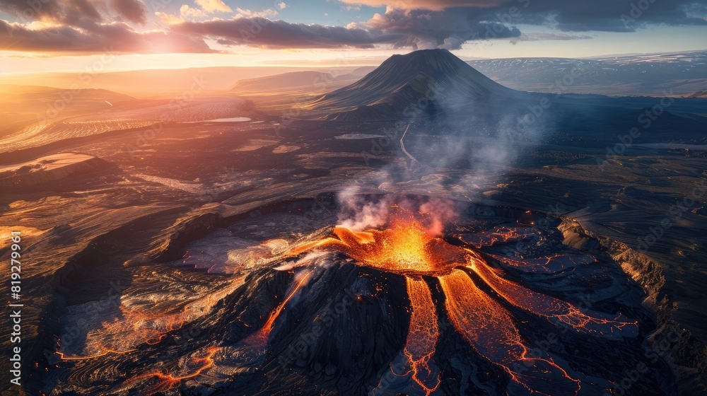 Beautiful aerial panoramatic view of active volcano, Litli - Hrutur, Iceland 2023 realistic hyperrealistic