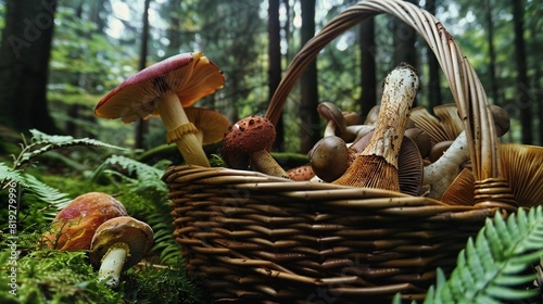  Basket brimming with numerous mushrooms amidst lush greenery of forest trees