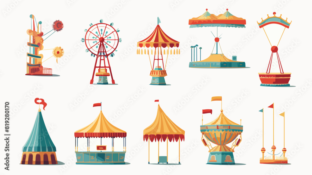 vector flat amusement park objects icon set. Merry