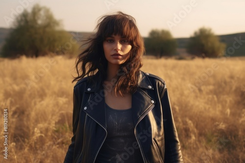 beautiful young woman holding a leather jacket enjoying sunlight in a high grass field © alisaaa