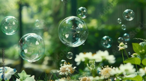  A group of soapy air bubbles glide above a green meadow, adorned with white daisies