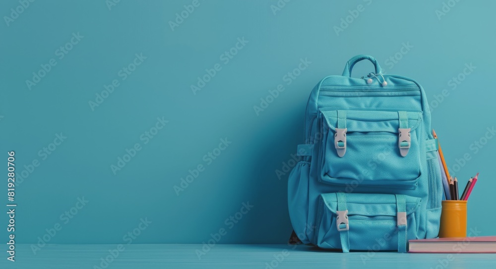 Blue Backpack With Books and Pencils on Blue Background