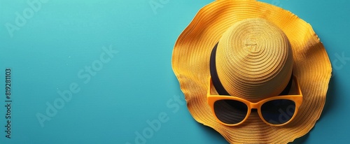 Hat and Sunglasses on Blue Background