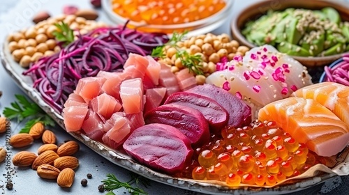  A platter brimming with an array of various meats and vegetables atop a table