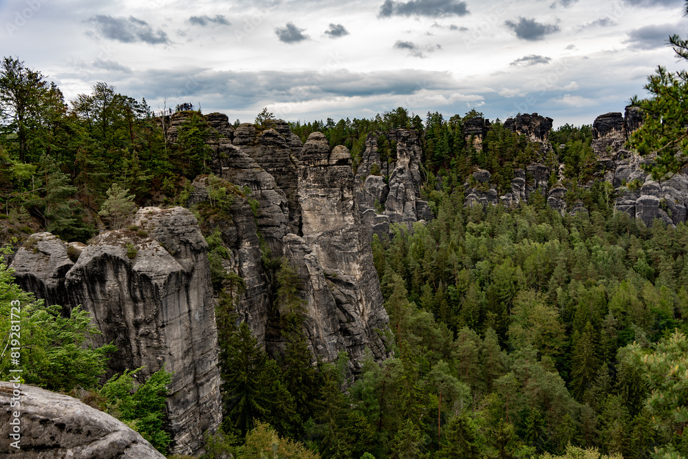 A mountain range with a forest in the background. The sky is cloudy and the trees are green A mountain range with a forest in the background. The sky is cloudy and the trees are green