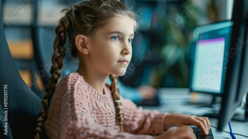 Elementary School Girl Programming on Personal Computer