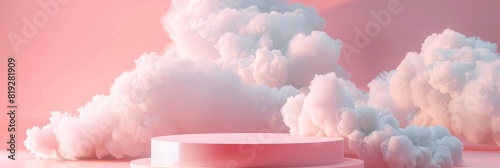Pink Podium: Minimalist 3D of a Dreamy Pastel Sky Platform Displaying a Product
