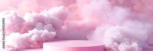 Pink Podium Exhibition: A Dreamy Pastel Sky Platform Displaying Products with Studio Minimalism and Geometric White Clouds