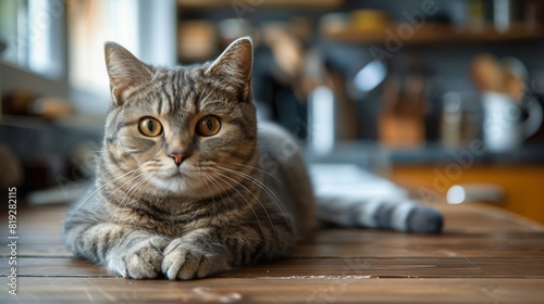 Gray Cat With Blue Eyes Laying on Wooden Floor