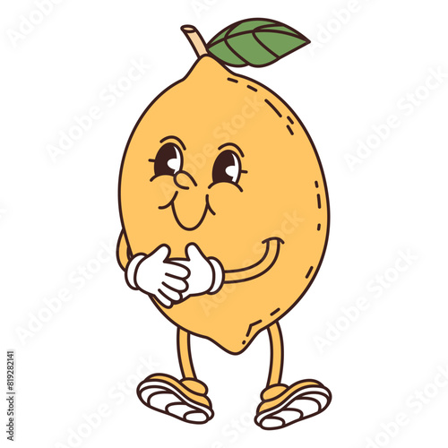 Retro groove funny fruit. Naughty anthropomorphic character yellow lemon on white background. Vector flat illustration