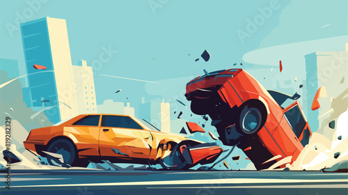 vector flat cartoon car crash accident scene. One v